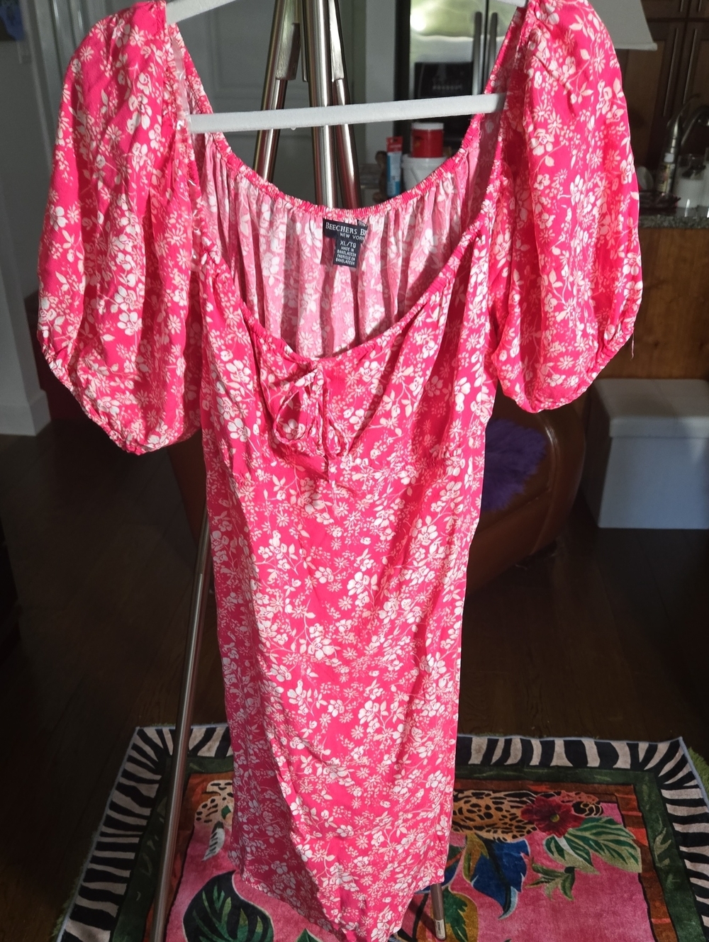 Bright Pink Floral Puff-Sleeve Tunic Dress
